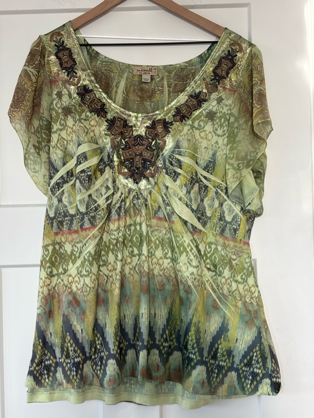ONE WORLD Women’s Plus Size Green Multi-Pattern Embroidered Scoop-Neck Shirt 3X